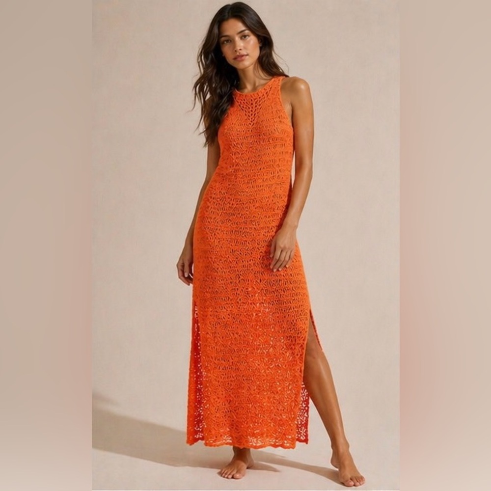 Women’s Orange Crochet Swim Cover Up Size Small Boutique Maxi Beach Dress
